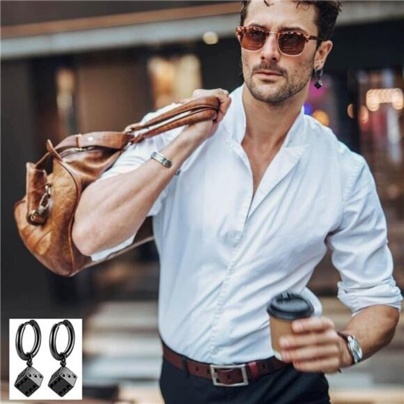 Gothic Punk Earring Set–15 Pairs Black Stainless Steel Studs, Hoops & Drop - Picture 5 of 6